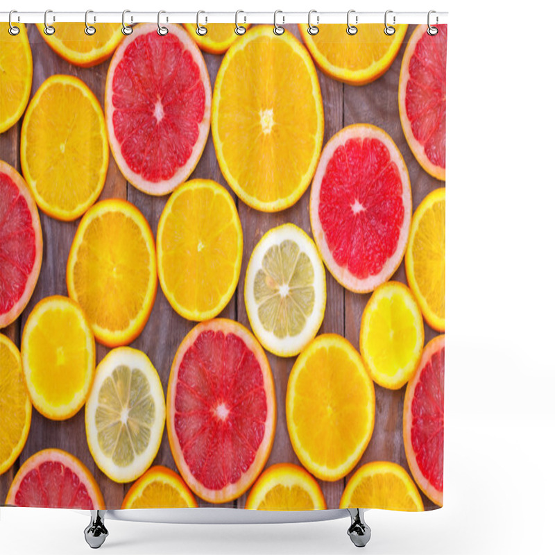 Personality  Sliced Citrus On Wooden Board Close Up. Shower Curtains