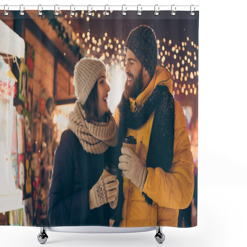 Personality  Photo Of Two People Cute Couple Husband Guy Wife Lady Drink Hot Beverage X-mas Eve Spend Time Magic Land Newyear Shopping Market Buying Gifts Wear Coats Outside Shower Curtains