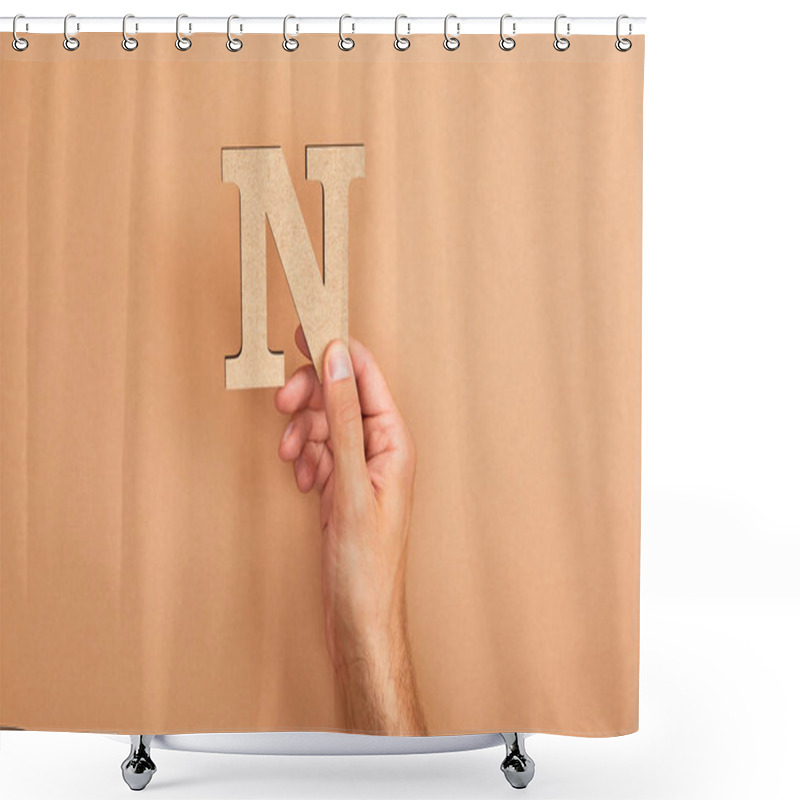 Personality  Cropped View Of Man Holding Paper Cut Letter N On Beige Background Shower Curtains