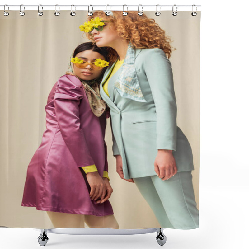 Personality  Stylish African American Girl Near Redhead Woman In Sunglasses With Flowers Isolated On Beige Shower Curtains