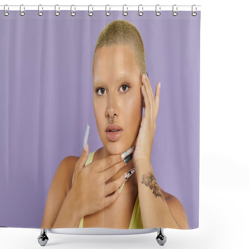 Personality  A Young Bald Woman Showcases Vibrant Fashion With Expressive Gestures And Stylish Nails. Shower Curtains