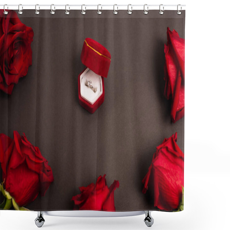 Personality  Top View Of Jewelry Box With Diamond Ring Near Red Roses On Black Shower Curtains