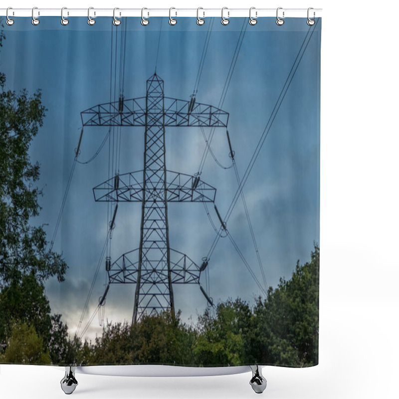 Personality  Low Angle View Of Electricity Pylon, Near The River Goyt, Woodbank Park, Stockport, Cheshire, UK. Shower Curtains