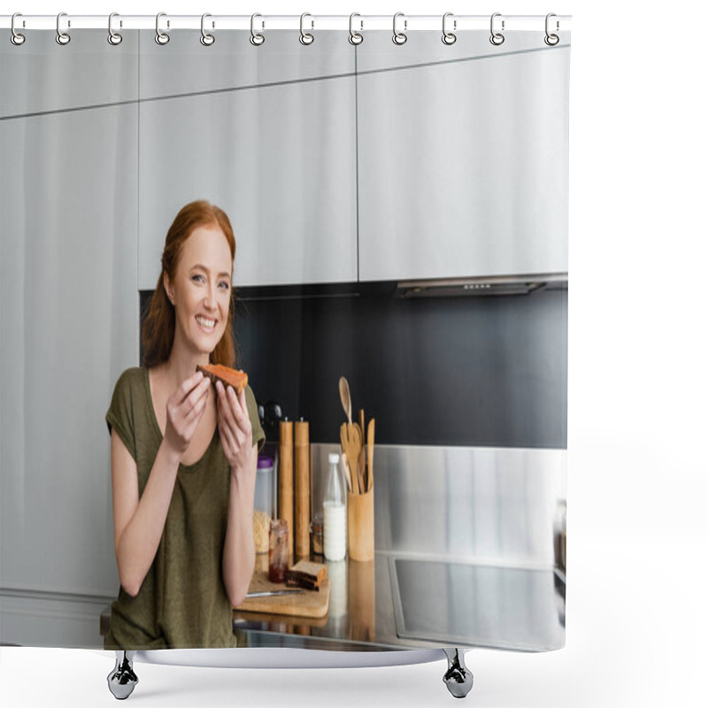 Personality  Beautiful Woman Smiling At Camera While Holding Toast With Jam In Kitchen  Shower Curtains