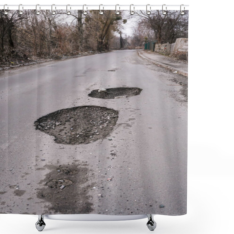 Personality  Large Pit With Stones On The Asphalt Highway Shower Curtains