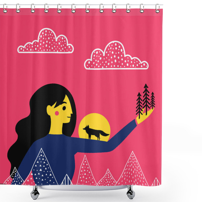 Personality  Vector Illustration With Fox Silhouette And Long Hair Woman. Doodle Mountains, Clouds And Pine Trees Shower Curtains