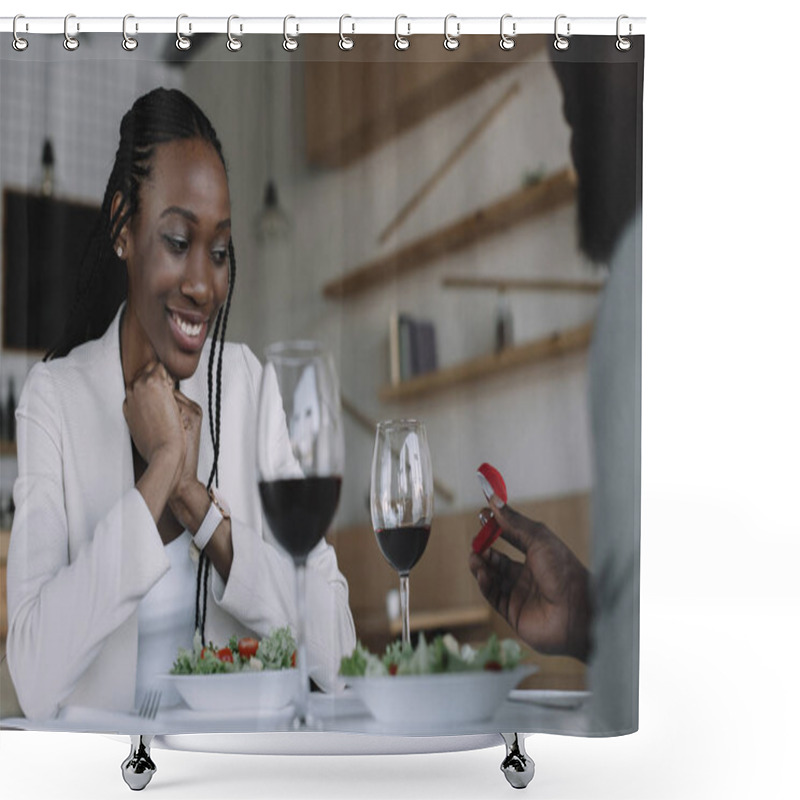 Personality  Partial View Of African American Man Proposing To Girlfriend During Romantic Date In Restaurant Shower Curtains