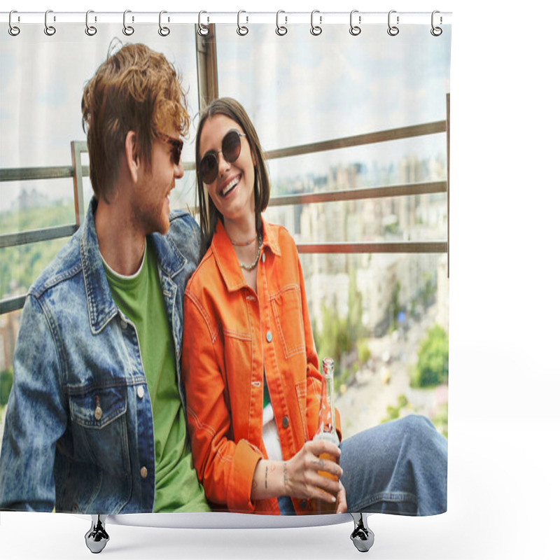 Personality  A Man And A Woman Are Seated On A Balcony Overlooking The City, Enjoying The Sunset Together Shower Curtains