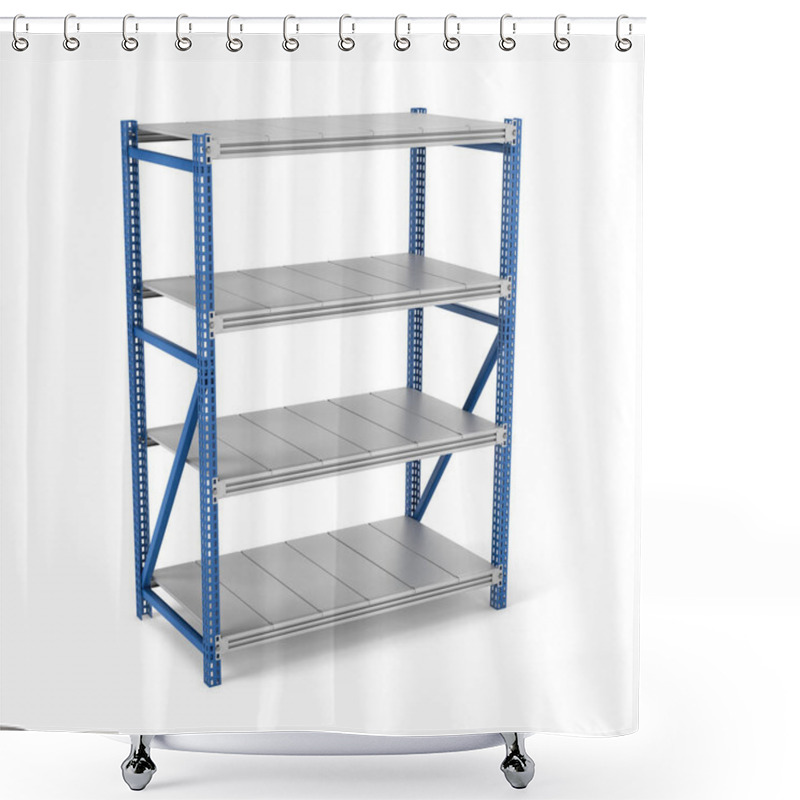 Personality  Rendering Of Metal Rack With Four Shelves, Isolated On A White Background Shower Curtains