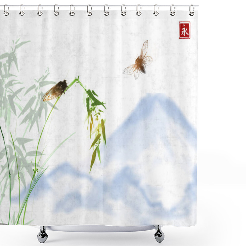 Personality  Two Cicadas And Green Bamboo Branch. Traditional Oriental Ink Painting Sumi-e, U-sin, Go-hua. Hieroglyph - Clarity Shower Curtains