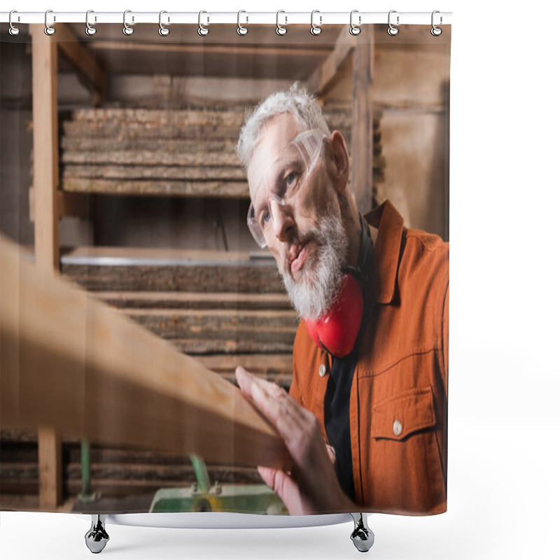 Personality  Bearded Carpenter In Goggles Checking Wooden Plank In Workshop Shower Curtains