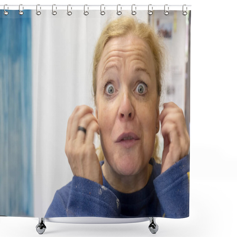 Personality  Mature, Middle Aged Woman Looks Desperate With Eyes Wide Open And Beats Her Ears With Her Hands, Copy Space Shower Curtains