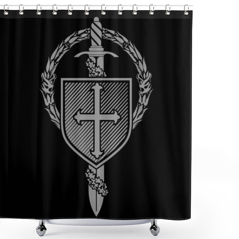 Personality  Knightly Design. Crusader Knight Shield With Cross And Oak Leaves, Isolated On Black, Vector Illustration Shower Curtains