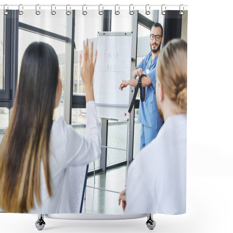 Personality  Medical Instructor With Compressive Tourniquet Standing At Flip Chart And Looking At Student Asking Question During First Aid Seminar, Emergency Preparedness And Life-saving Skills Concept Shower Curtains