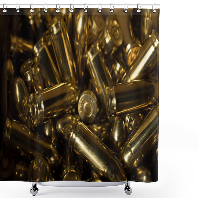 Personality  Closeup Of A Pile Of 9 Mm Pistol Bullets. Gun Ammunition. Shower Curtains