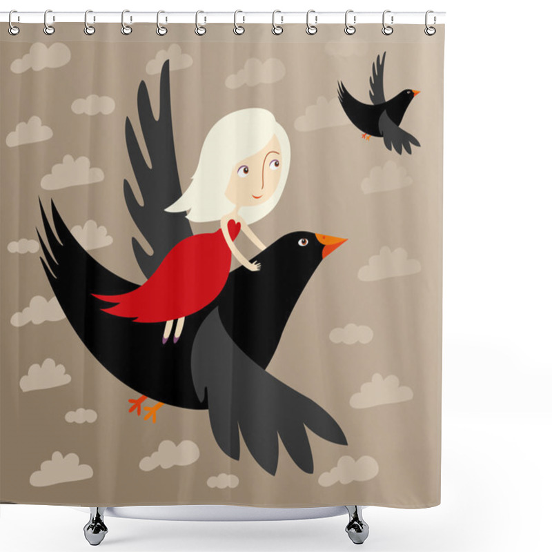 Personality  Girl Flying On A Black Bird Shower Curtains