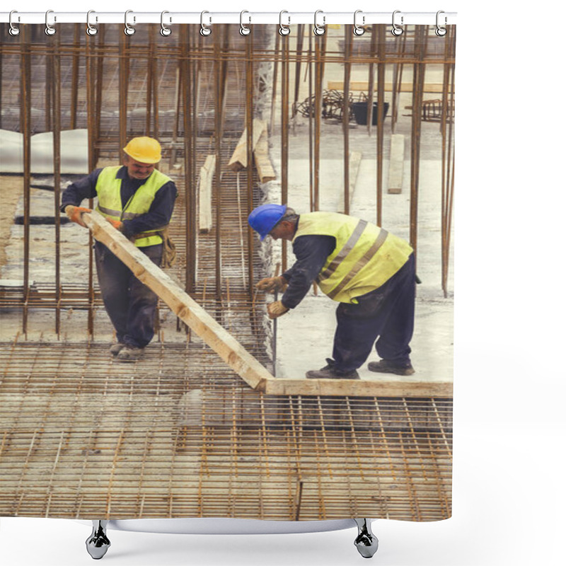 Personality  Workers With Crowbar Removes Wooden Formworks 5 Shower Curtains