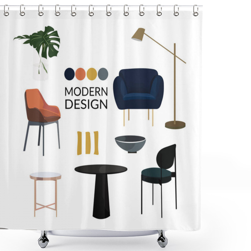 Personality  Collection Of Furniture. Interior Design Elements In Modern Trendy Style. Vector Illustration Of Home Decor Elements. Danish Scandinavian Style Interiors.  Shower Curtains