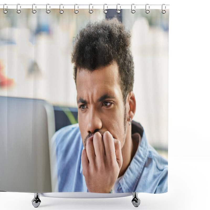 Personality  Handsome Man Ponders Thoughtfully, Fingers Touching His Chin, Surrounded By A Lively Cafe Setting. Shower Curtains