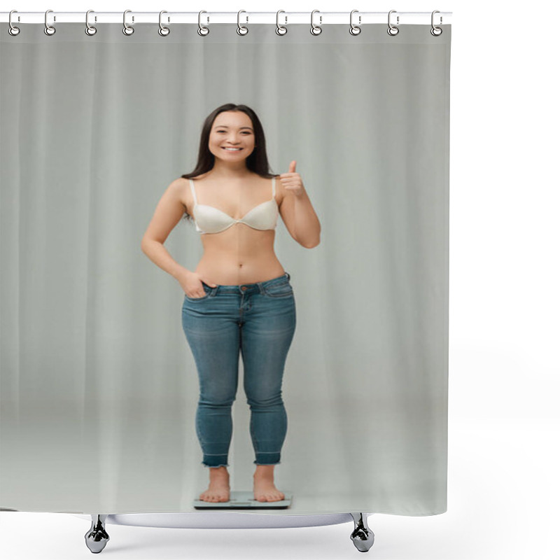 Personality  Happy Overweight Asian Woman Standing On Scales And Showing Thumb Up On Grey Shower Curtains