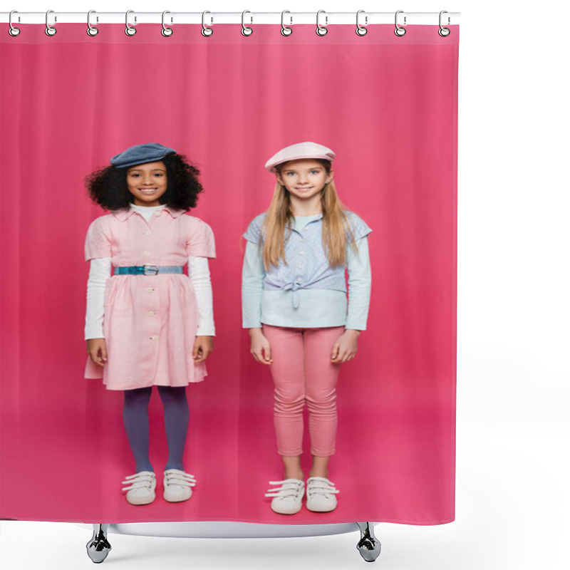 Personality  Full Length View Of Two Happy Interracial Girls In Trendy Clothes Posing On Pink Shower Curtains