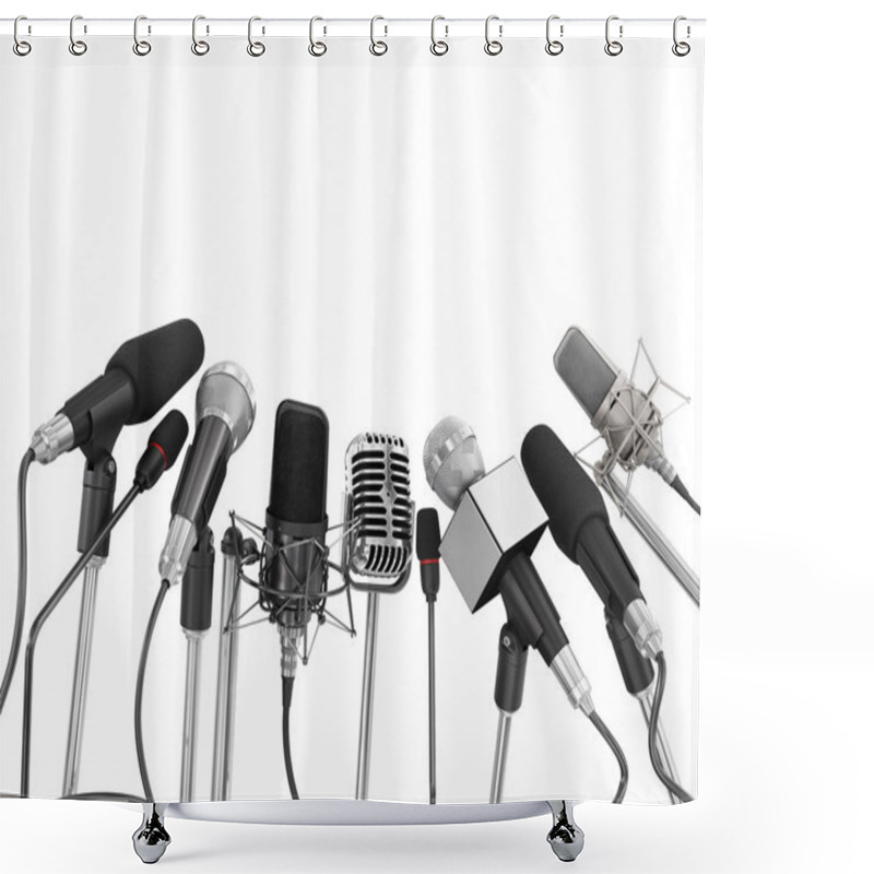 Personality  Various Microphones Aligned At Press Conference Isolated Over A  Shower Curtains