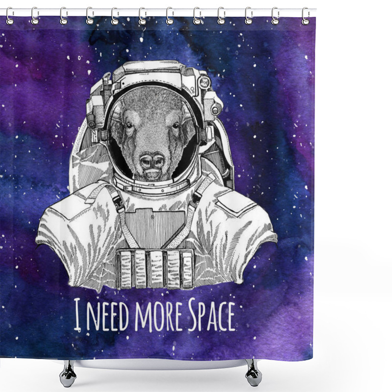 Personality  Animal Astronaut Buffalo, Bison,ox, Bull Wearing Space Suit Galaxy Space Background With Stars And Nebula Watercolor Galaxy Background Shower Curtains