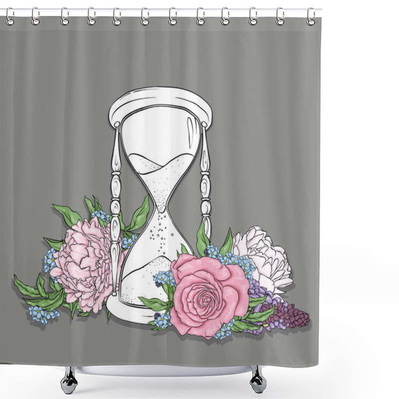 Personality  Ancient Hourglass And Beautiful Flowers. Peonies And Roses. Vector Illustration For A Postcard Or A Poster, Print For Clothes Or Tattoo. Vintage And Retro. Shower Curtains