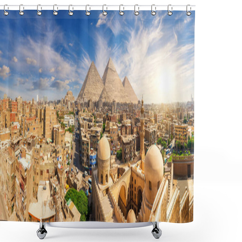 Personality  Aerial View Of Cairo, The Pyramids, Mosque Of Ibn Tulun And Other Sights Of The Capital Of Egypt. Shower Curtains