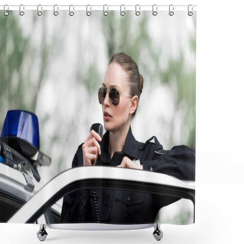 Personality  Attractive Policewoman Talking By Radio Set Near Police Car Shower Curtains