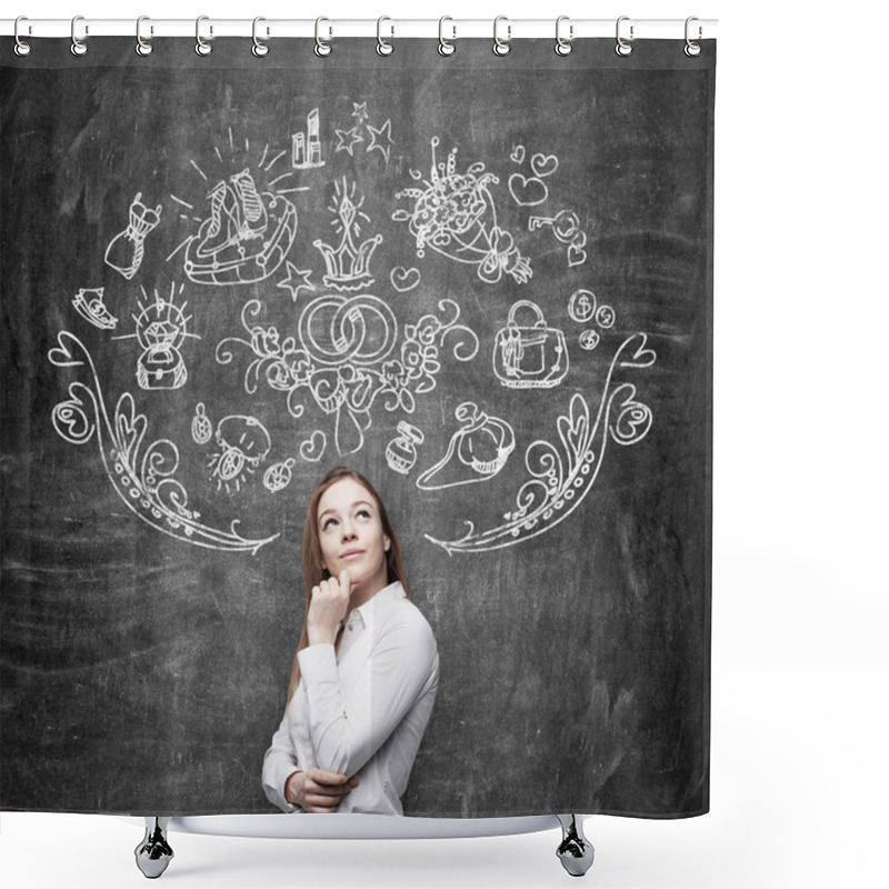 Personality  Young Woman Is Dreaming About Sopping. Shopping Icons Are Drawn On The Black Chalkboard. Shower Curtains