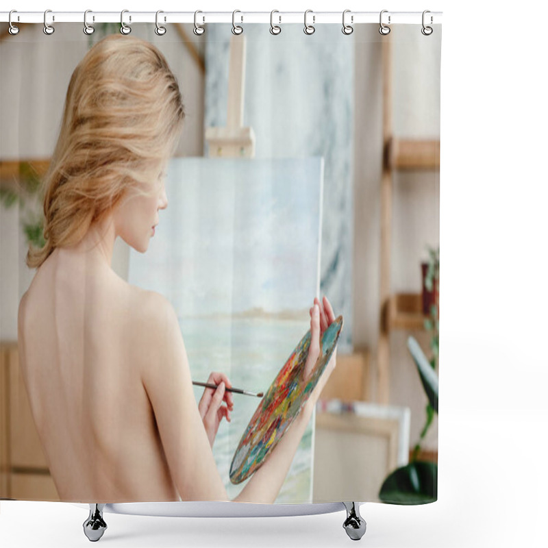 Personality  Back View Of Naked Young Artist Holding Brush And Palette In Art Studio Shower Curtains