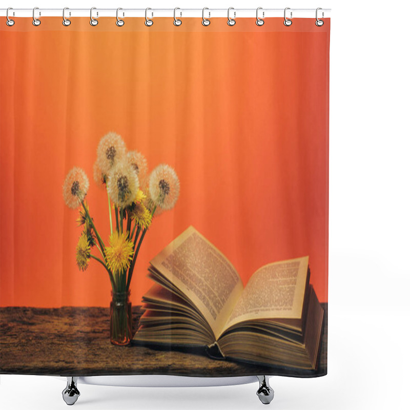 Personality  Open Book And  Yellow Flower Dandelion On A Old Oak Table And Coral Orange  Wall Background. Shower Curtains