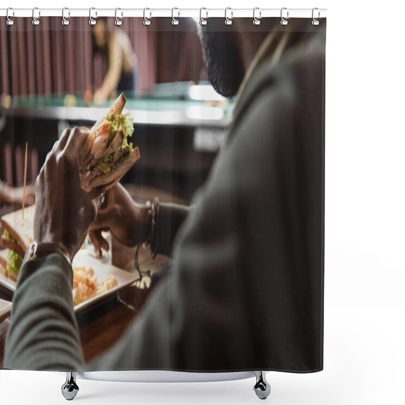 Personality  Cropped Image Of African Amercian Man Eating Sandwich At Bar Shower Curtains