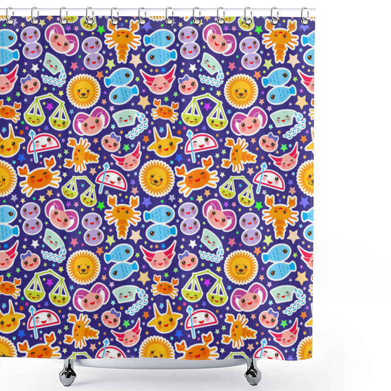 Personality  Aries, Taurus, Gemini, Cancer, Leo, Virgo, Libra, Scorpio, Sagittarius, Capricorn, Aquarius And Pisces Seamless Pattern Funny Kawaii Zodiac Sign, Astrological Stikers, Blue Purple Background. Vector Shower Curtains