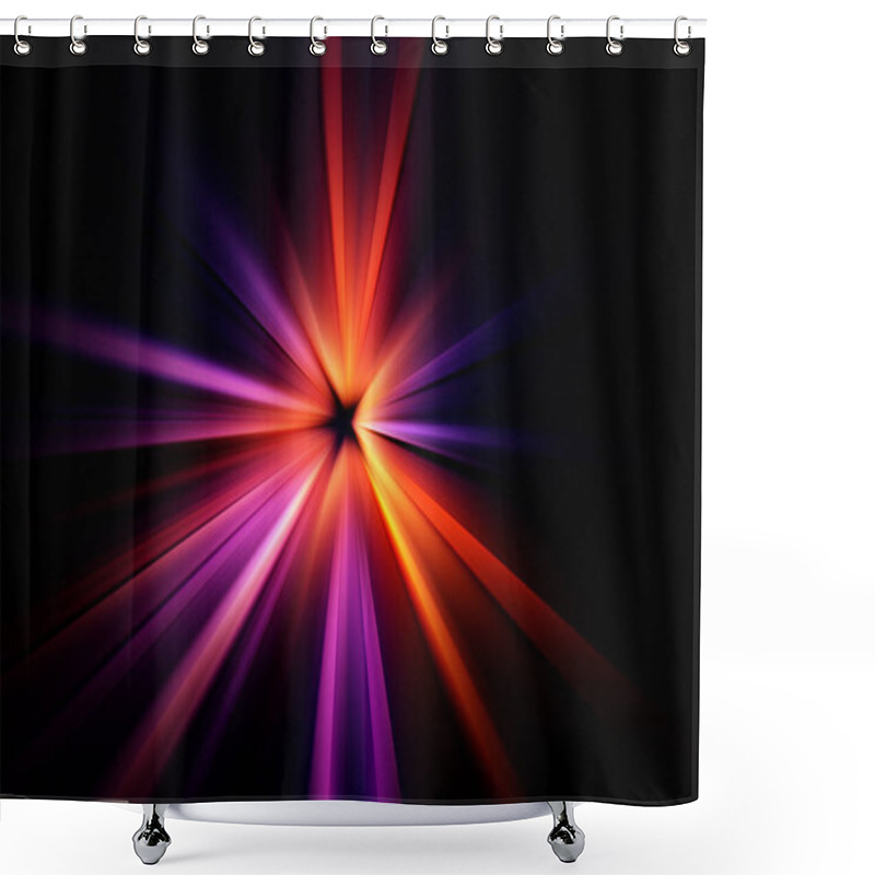 Personality  Abstract Surface Of A Radial Zoom Blur In Red, Lilac, Yellow Tones On A Black  Background. Abstract Bright Background With Radial, Radiating, Converging Lines.   Shower Curtains