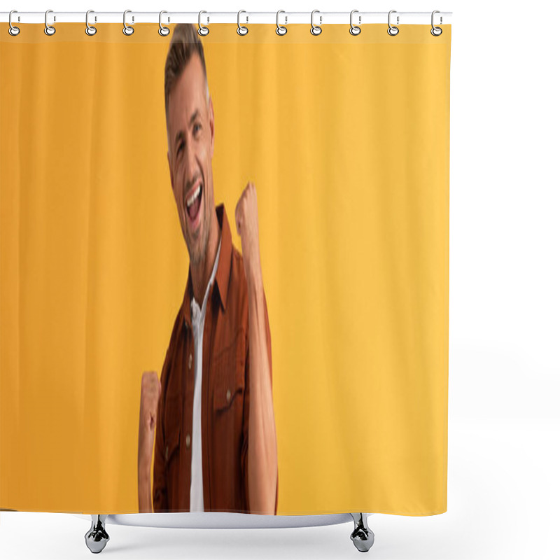 Personality  Panoramic Shot Of Excited Man With Clenched Fists Isolated On Orange  Shower Curtains