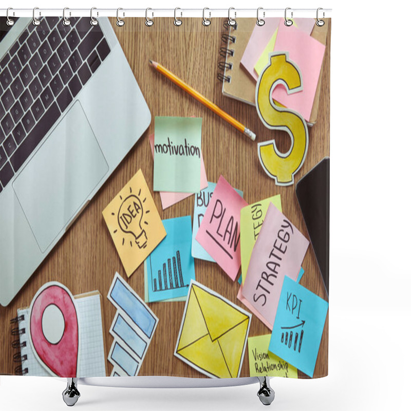 Personality  Top View Of Paper Stickers With Business Strategy And Laptop On Table At Home Shower Curtains