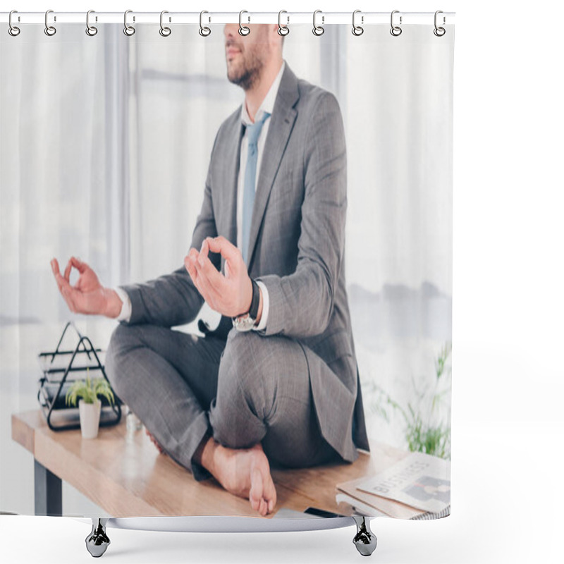 Personality  Cropped View Of Businessman Meditating In Lotus Pose On Office Desk Shower Curtains