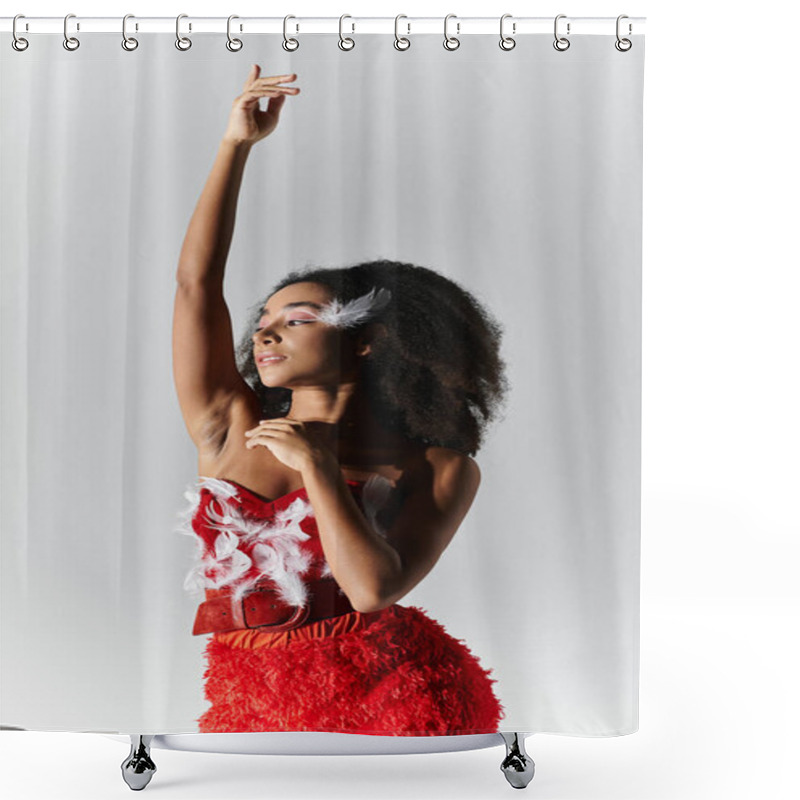 Personality  A Confident Young Woman Showcases Her Style In A Vibrant Red Ensemble Adorned With Feathers. Shower Curtains