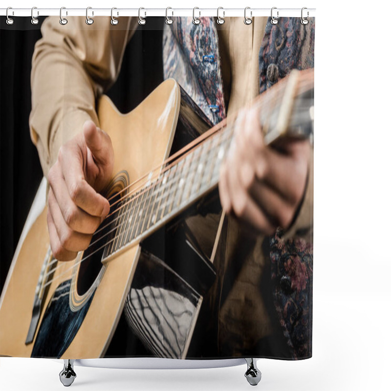 Personality  Cropped Image Of Male Musician Playing On Acoustic Guitar Isolated On Black Shower Curtains