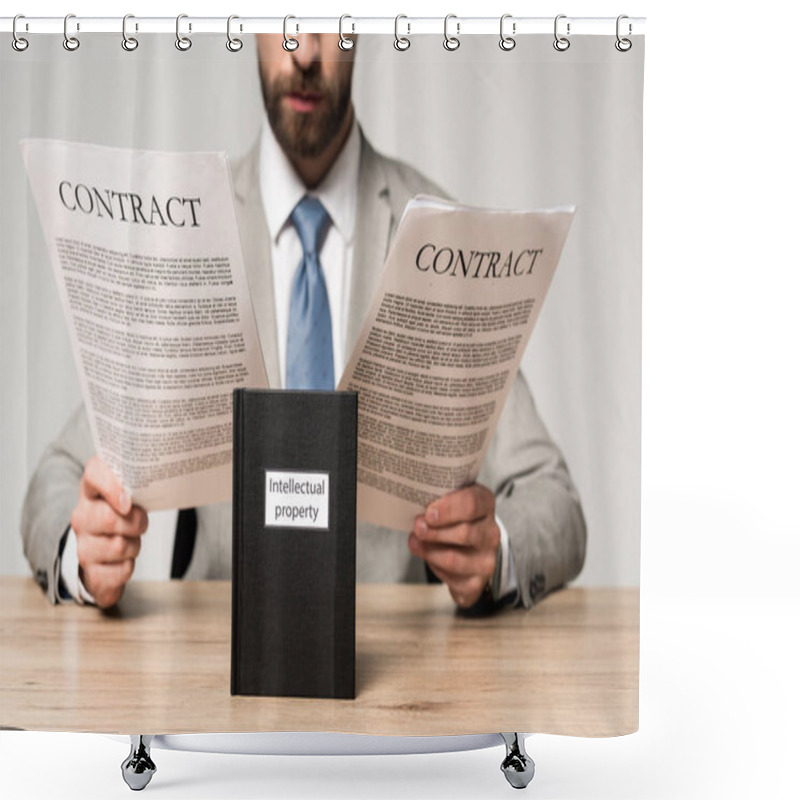 Personality  Cropped View Of Businessman Reading Contracts Near Book With Intellectual Property Title Isolated On Grey Shower Curtains