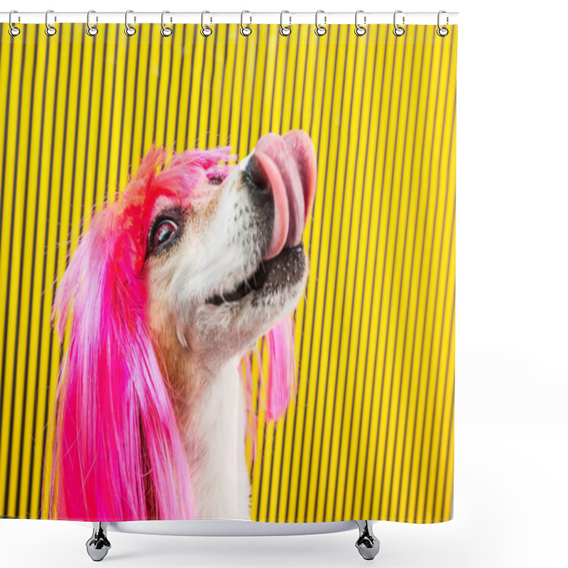 Personality  Dog Tongue On Its Nose. Hungry Small Pet. Pink Wig And Yellow And Black Striped Background Shower Curtains