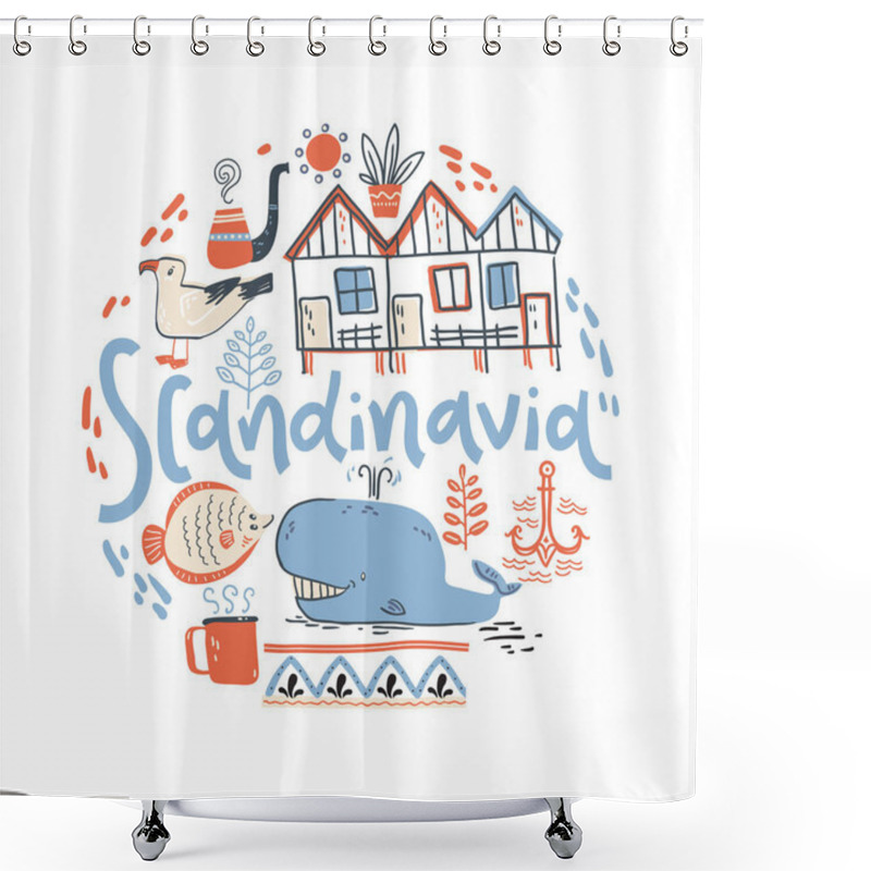 Personality  Scandinavia. Hand Lettering With Design Elements In The Round. Vector  Illustration, Flat Naive Style Shower Curtains