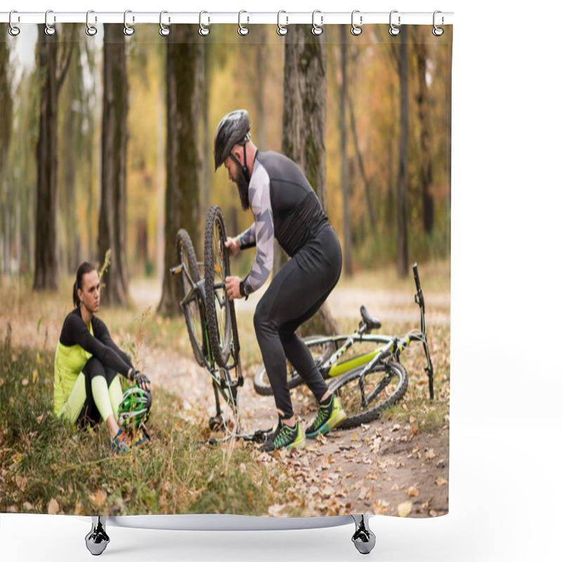 Personality  Man Repairing Bike In Park Shower Curtains