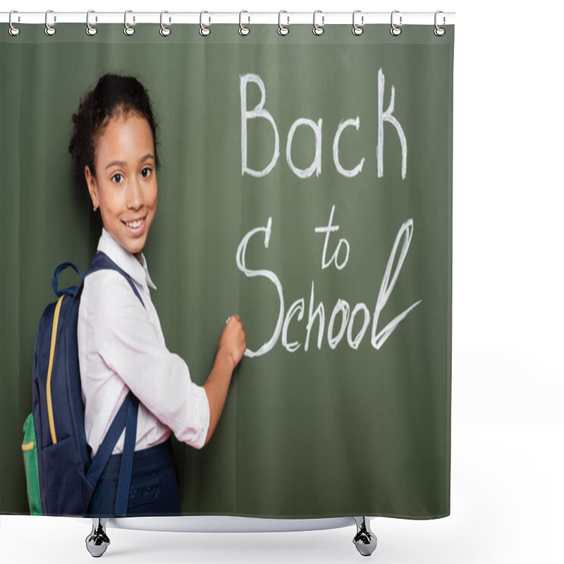 Personality  Smiling African American Schoolgirl With Backpack Writing Back To School Inscription On Green Chalkboard Shower Curtains