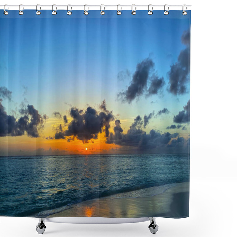 Personality  Sunrise In The Sea. Maldives Atoll Island Sunset Panoramic Landscape Of Indian Ocean Shower Curtains