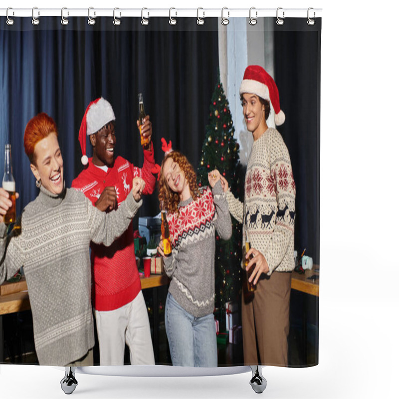 Personality  A Cheerful Group Of Young Coworkers Dances And Enjoys Drinks While Celebrating Christmas Together. Shower Curtains