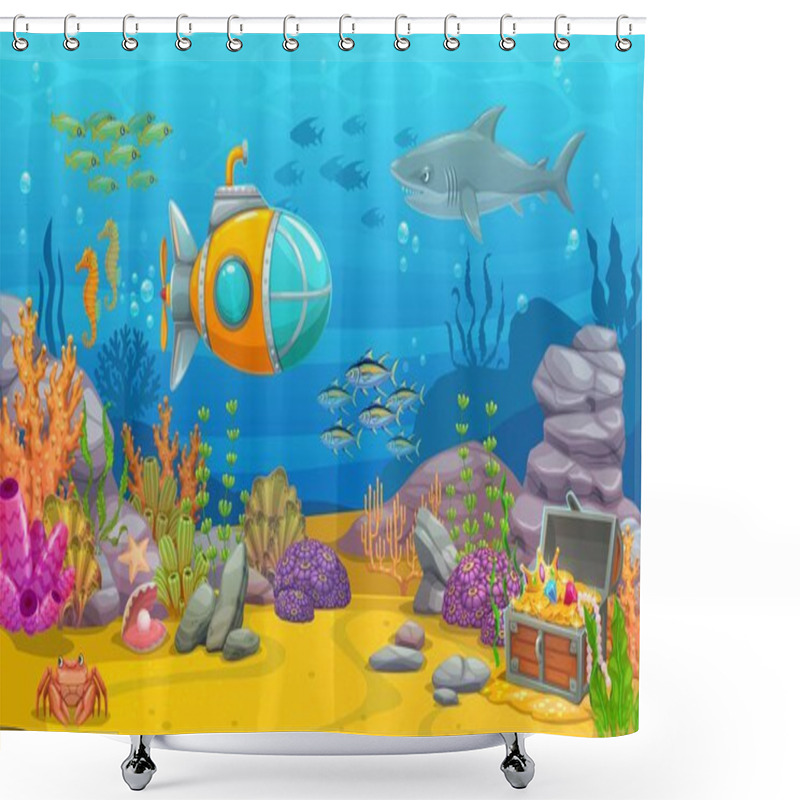 Personality  Underwater Game Landscape With Submarine. Cartoon Vector Sea Bottom With Treasure Chest, Aquatic Plants, Coral Reef, Rocks And Underwater Animals. Ocean World With Bathyscaphe, Fish, Shark And Crab Shower Curtains