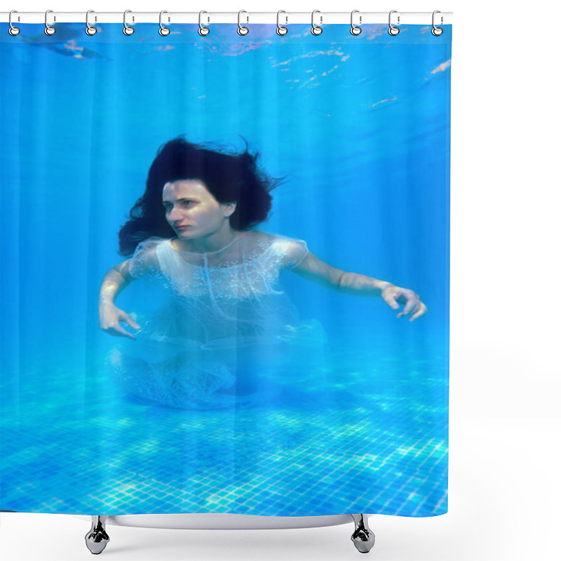 Personality  A Beautiful Girl In A White Dress Swims And Poses Underwater In The Pool With Her Hair Down On A Sunny Day. Portrait. Unusual Wedding. Underwater Photography Shower Curtains